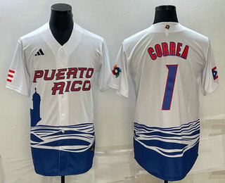 Mens Puerto Rico Baseball #1 Carlos Correa White 2023 World Baseball Classic Stitched Jerseys